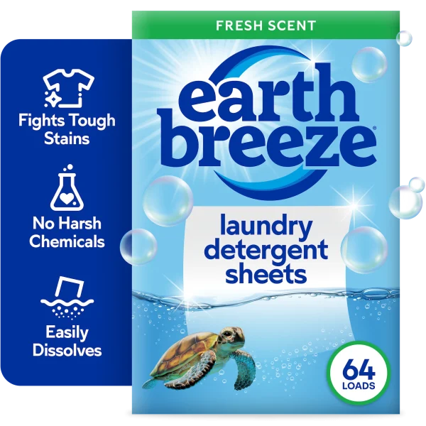 Earth Breeze Laundry Detergent Sheets, Fresh Scent Eco Sheets, 32 Count, 64 Loads
