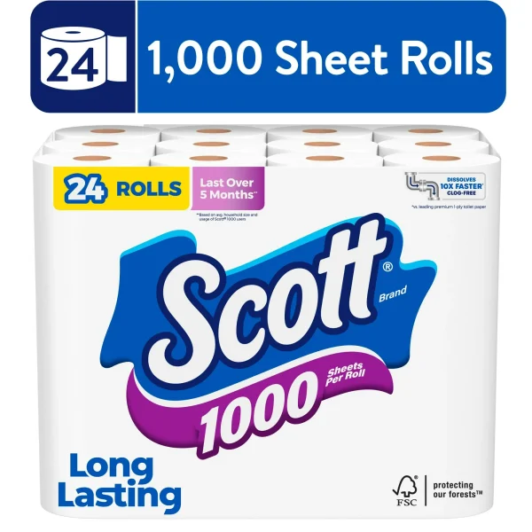 Scott 1000 Toilet Paper, 24 Rolls, 1,000 Sheets per Roll